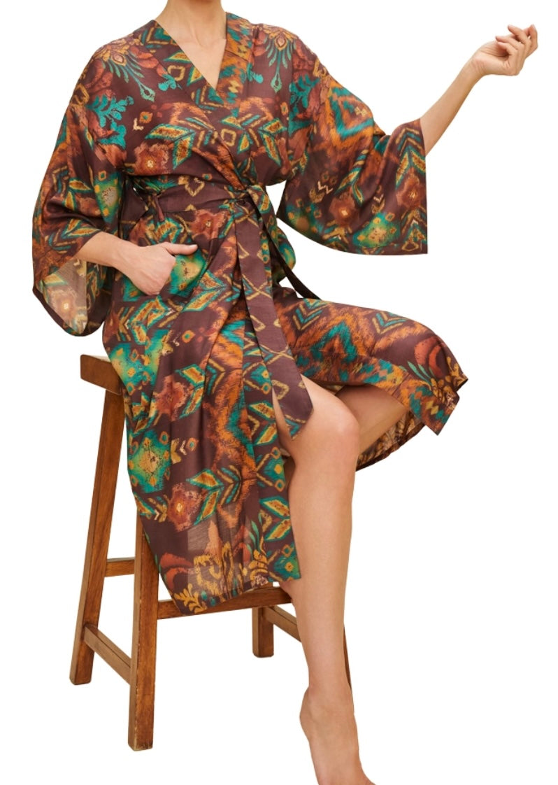 Chocolate Ikat Kimono Gown