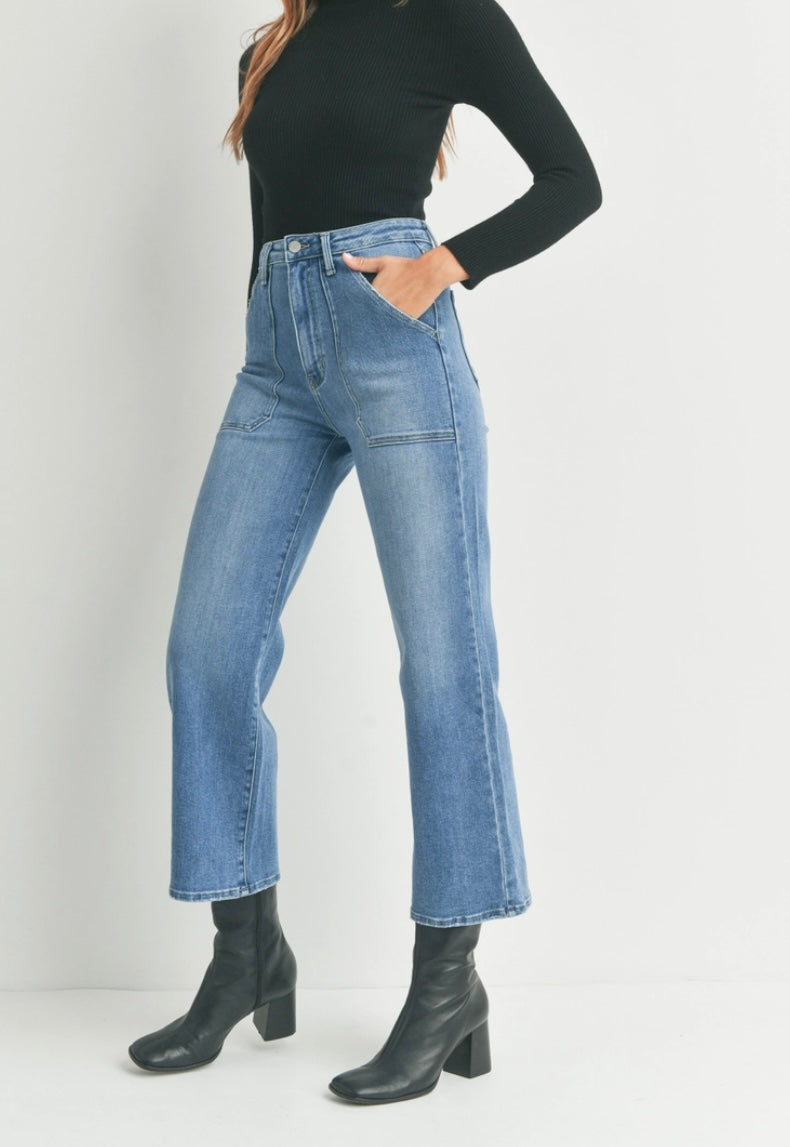 High Rise Cargo Pocket Wide Leg in Medium Denim