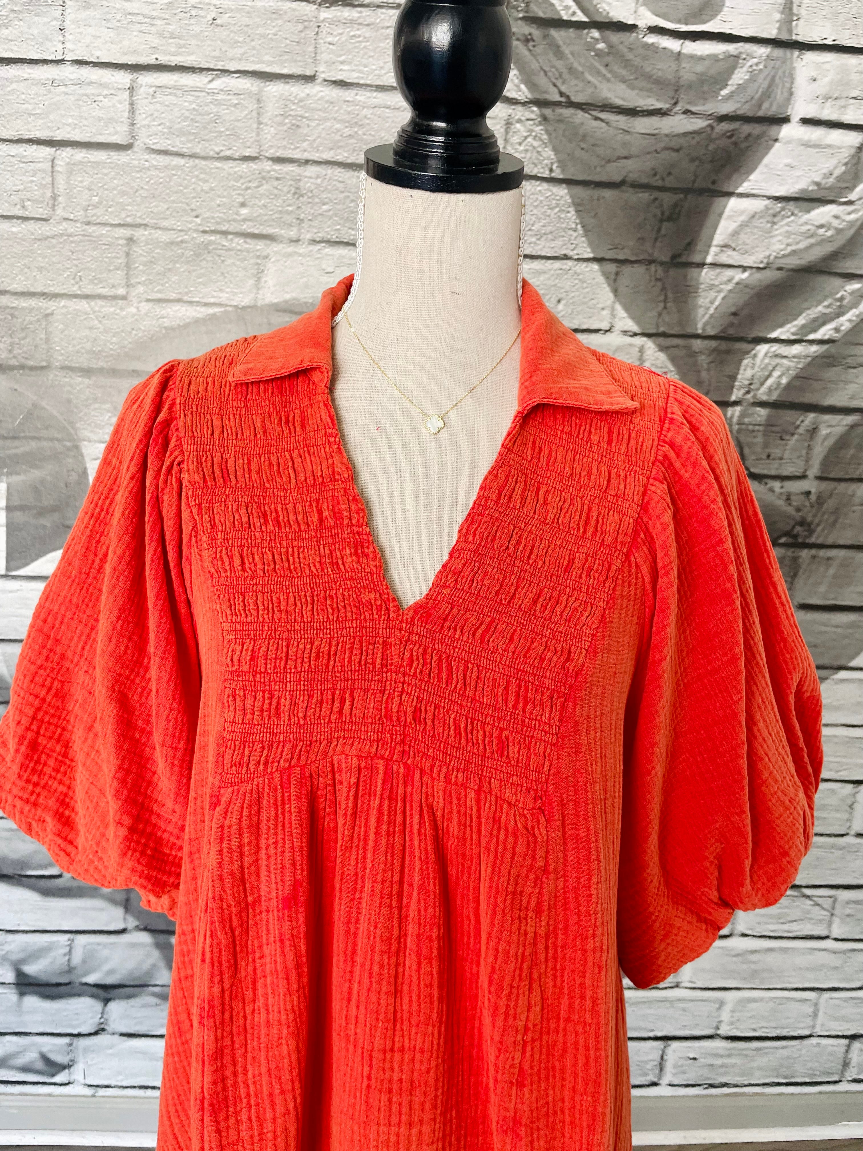 Maddy Gauze Dress in Tomato