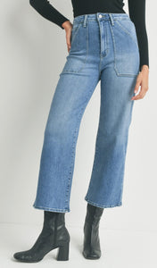 High Rise Cargo Pocket Wide Leg in Medium Denim
