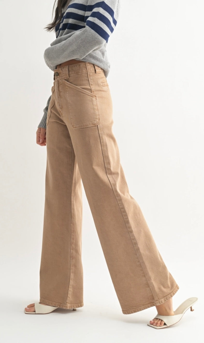 Patch Pocket Wide Leg Flare in Vintage Khaki