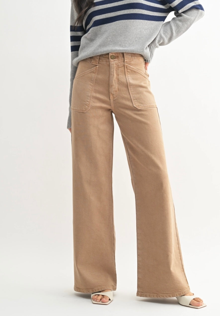 Patch Pocket Wide Leg Flare in Vintage Khaki