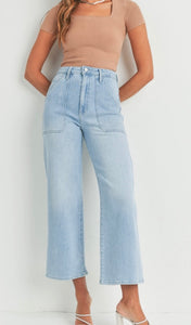 High Rise Cargo Pocket Wide Leg in Light Denim