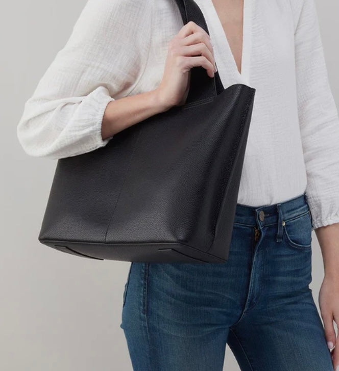 Vida Hobo Tote in Black Micro Pebbled Leather
