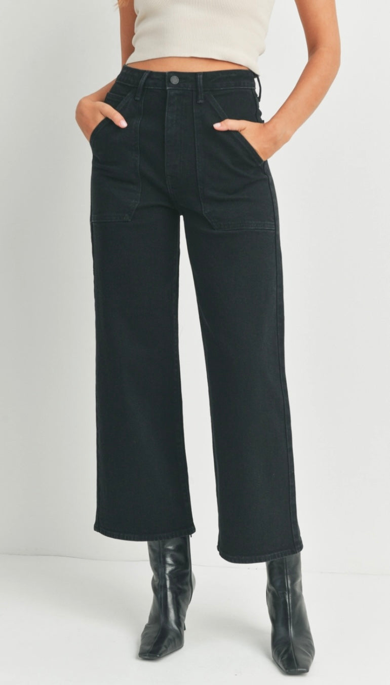 High Rise Cargo Pocket Wide Leg in Black
