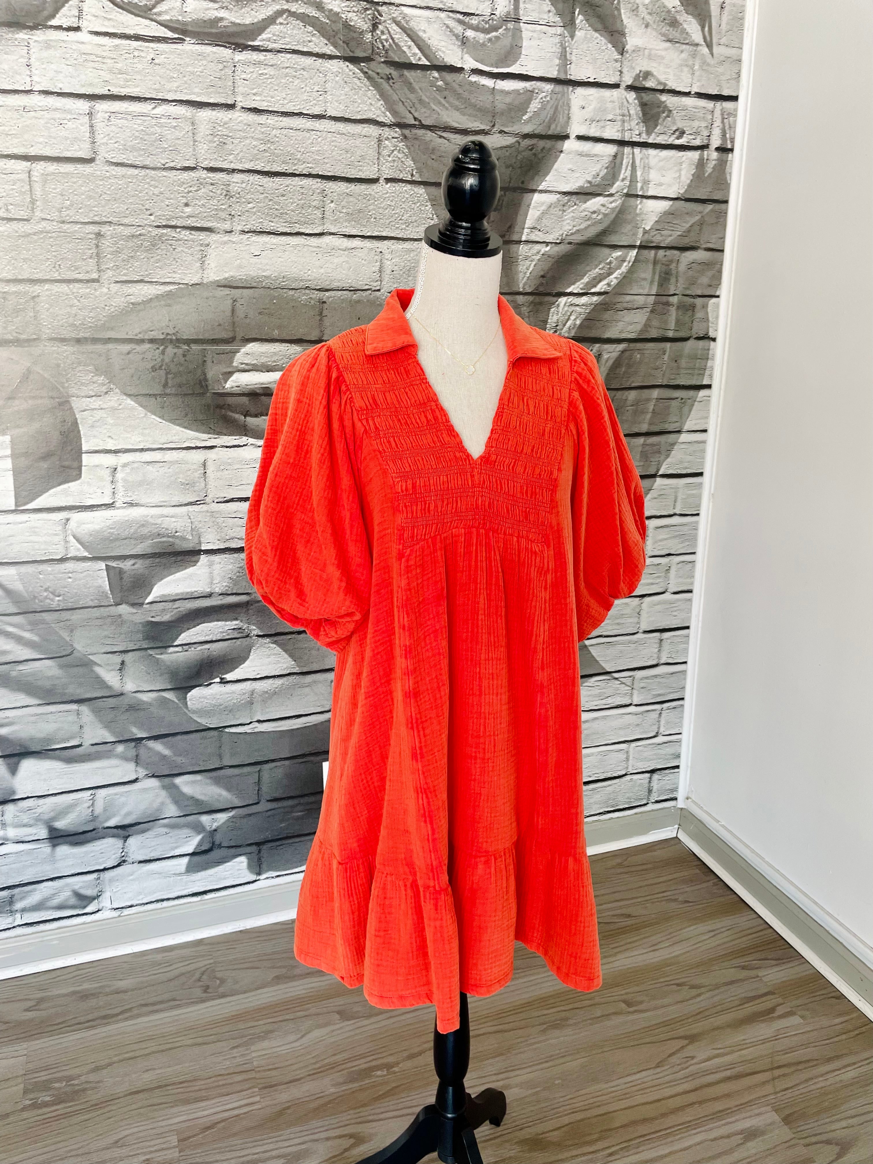 Maddy Gauze Dress in Tomato